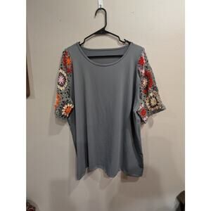 Granny square crochet multi color sleeved grey blouse size XXL